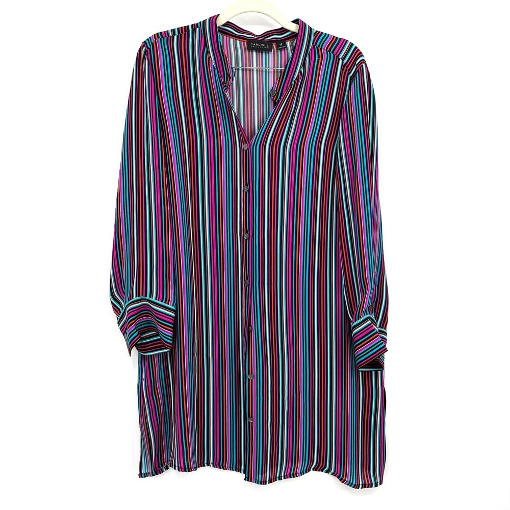 Carlisle collection 100% silk maximalist tunic button up striped bright color 12